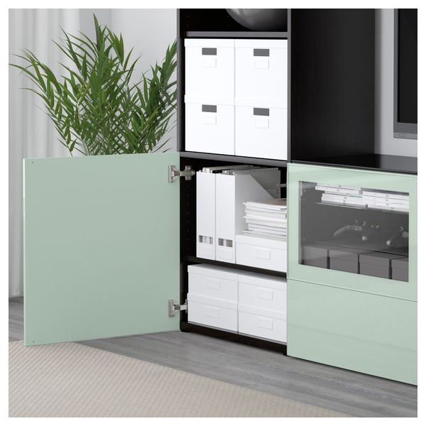 Шкаф для ТВ, комбинированный, стекляные дверцы БЕСТО, черно-коричневый Сельсвикен, глянцевый/серо-зеленый светлый прозрачное - фото 3