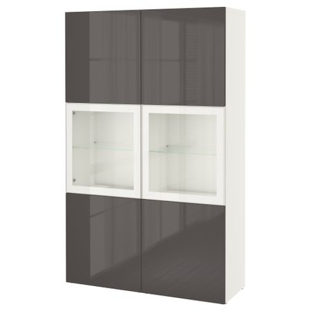 Комбинация для хранения со стеклянными дверцами БЕСТО, белый, Сельсвикен глянцевый/серый прозрачное стекло (120x40x192 см)