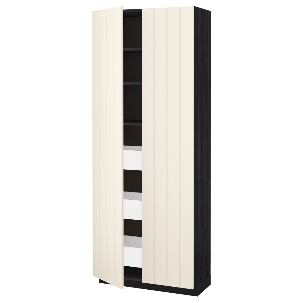 Высокий шкаф с ящиками, 2 дверцы МЕТОД / МАКСИМЕРА, черный, Хитарп белый с оттенком (80x37x200 см) - схема-чертеж с размерами