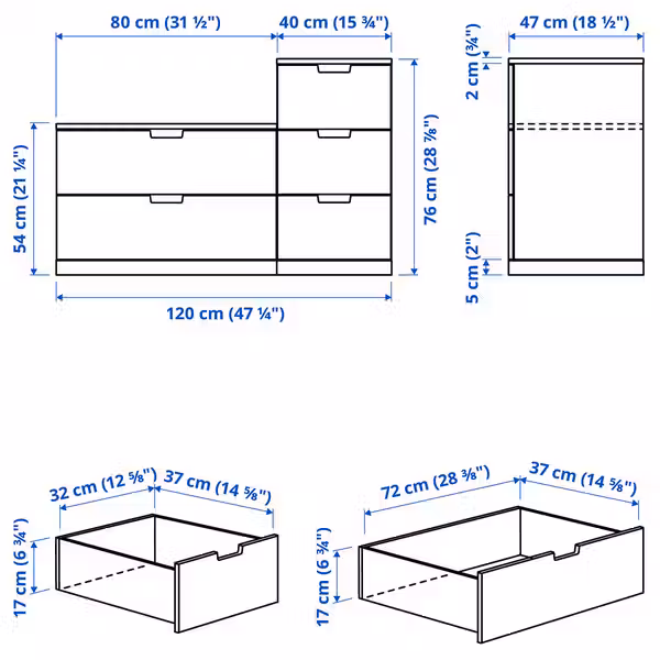 NORDLI Комод с 5 ящиками - белый 120x76 см - схема-чертеж с размерами