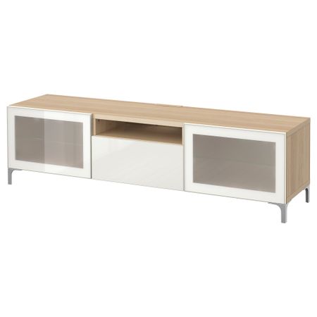 Тумба под ТВ БЕСТО, под беленый дуб, Сельсвикен глянцевый/белый матовое стекло (180x40x48 см)
