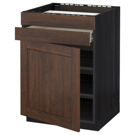 Напольный шкаф для варочной панели, доводчик, 2 фасада, 1 ящик МЕТОД / ФОРВАРА, черный, Эдсерум коричневый (60x60 см)