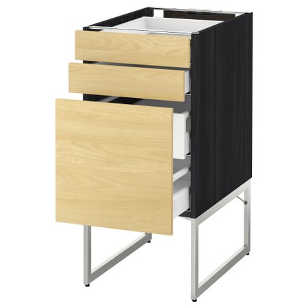 Напольный шкаф 3 фронтальных панели, 2 нижних, 2 средних ящика МЕТОД / МАКСИМЕРА, черный, Тингсрид береза