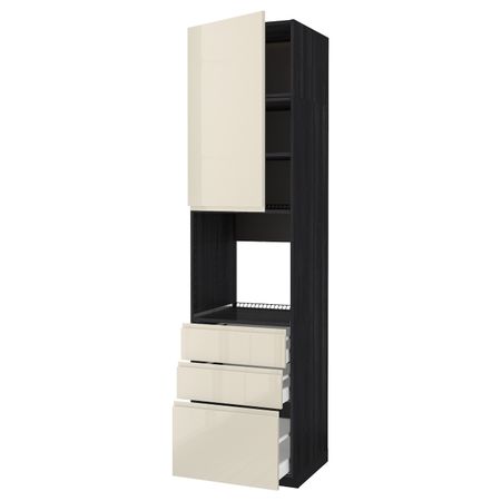 Высокий шкаф для духовки/дверь/3ящика, черный, Воксторп глянцевый светло-бежевый 60x60x240 см IKEA МЕТОД 392.391.52