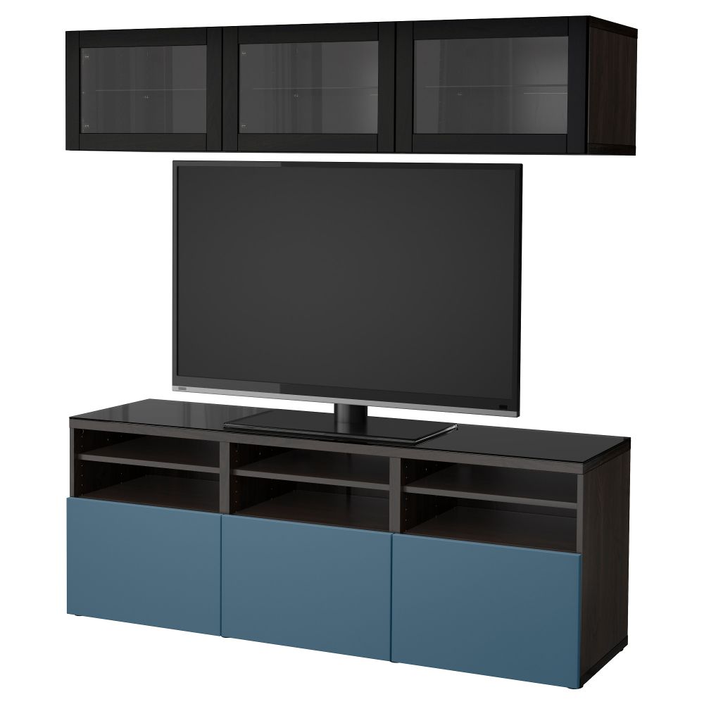 Шкаф для ТВ, комбинированный, стекляные дверцы БЕСТО, черно-коричневый Вальвикен, темно-синий прозрачное стекло (180x40x192 см) - фото 1