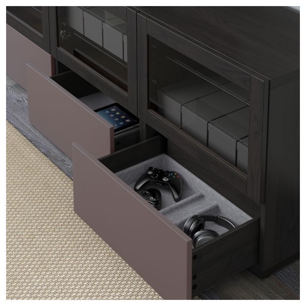 Тумба под ТВ, с дверцами и ящиками БЕСТО, черно-коричневый, Вальвикен темно-коричневый, прозрачное стекло (180x40x64 см) - фото 3