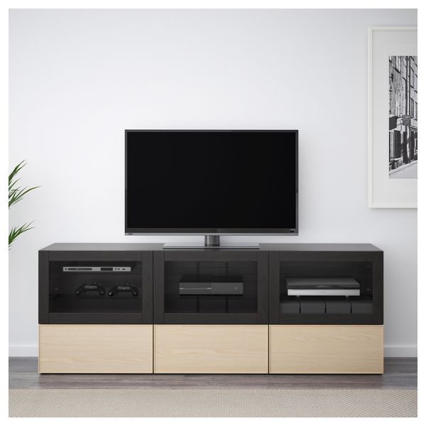 Тумба под ТВ, с дверцами и ящиками БЕСТО, черно-коричневый Инвикен, ясеневый шпон прозрачное стекло (180x40x64 см) - фото 2