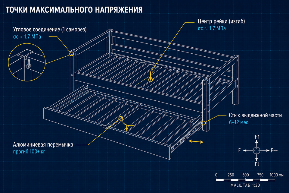 Инженерная схема-блупринт рамы кушетки с четырьмя зонами максимального напряжения и расчётными нагрузками
