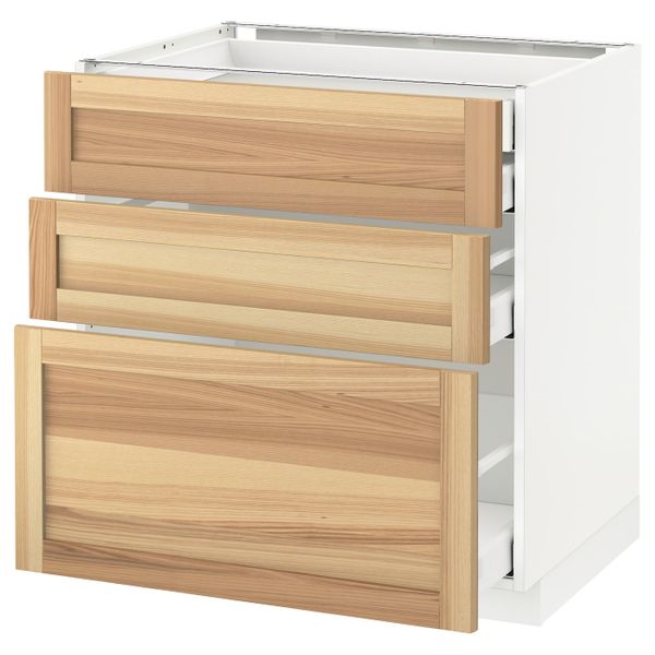 Напольный шкаф 3 фронтальные панели, 2 низких, 1 средний, 1 встроенный ящ, белый/Торхэмн ясень 80x60 см IKEA METOD МЕТОД / - фото 1