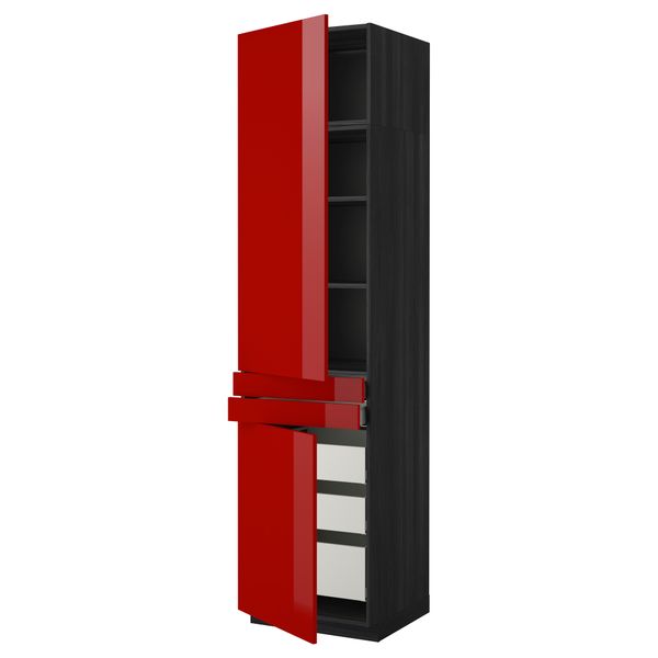 Высокий шкаф + полки, 5 ящиков, 2 дверцы, 2 фронтальных МЕТОД / МАКСИМЕРА, черный, Рингульт красный - схема-чертеж с размерами