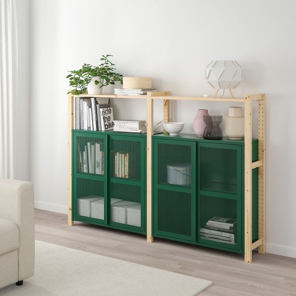 2 секции, полки/шкафы, сосна/зеленый сетка 175x30x124 см IKEA IVAR ИВАР 594.013.93 - схема-чертеж с размерами