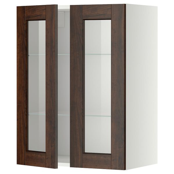 Навесной шкаф с полками, 2 стекло дв, белый/Эдсерум коричневый 60x80 см IKEA METOD МЕТОД 592.267.71 - фото 1