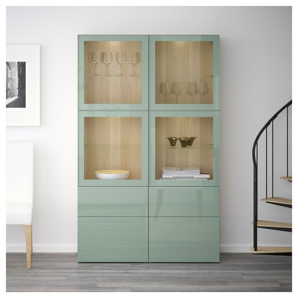 Комбинация для хранения со стеклянными дверцами БЕСТО, под беленый дуб Сельсвикен, глянцевый/серо-зеленый светлый прозрачное - фото 2