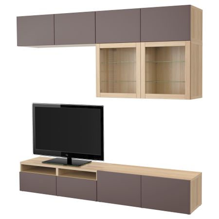 Шкаф для ТВ, комбинированный, стекляные дверцы БЕСТО, под беленый дуб, Вальвикен темно-коричневый, прозрачное стекло (240x40x230