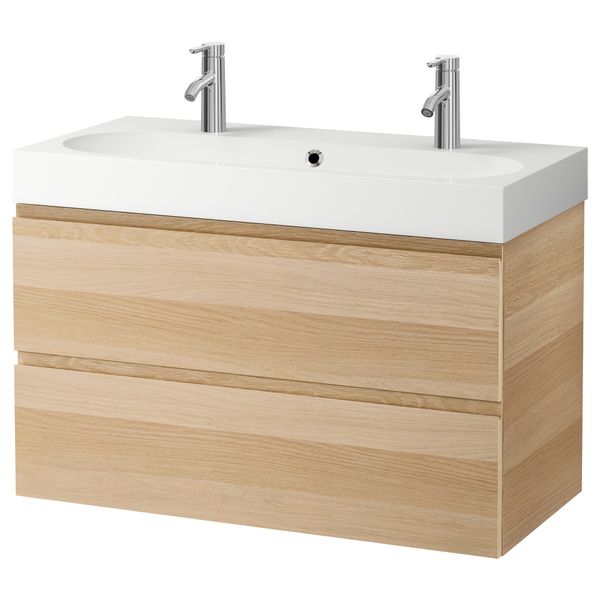 Шкаф для раковины с 2 ящиками ГОДМОРГОН / БРОВИКЕН, под беленый дуб (100x48x68 см) - фото 2