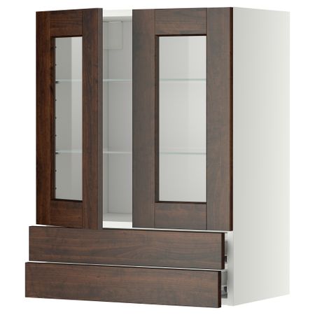 Навесной шкаф, 2 стеклянные дверцы, 2 ящика МЕТОД / ФОРВАРА, белый, Эдсерум коричневый