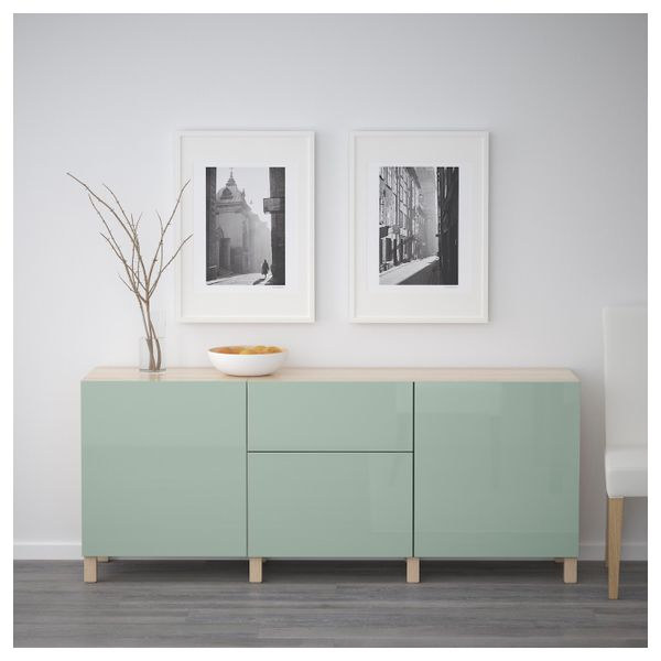 Комбинация для хранения с ящиками, под беленый дуб, Сельсвикен глянцевый/серо-зеленый светлый, 180x40x74 см IKEA БЕСТО - фото 2