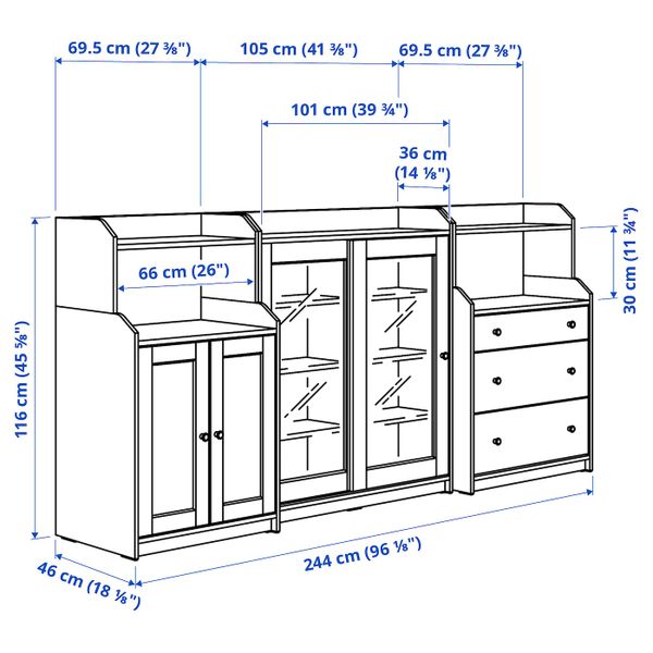 Комбинация для хранения, белый 244x46x116 см IKEA HAUGA ХАУГА 193.887.13 - схема-чертеж с размерами