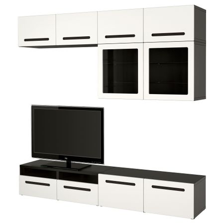 Шкаф для ТВ, комбинированный, стекляные дверцы БЕСТО, черно-коричневый, Марвикен белый прозрачное стекло (240x40x230 см)