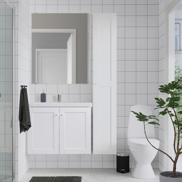 Комплект мебели для ванной,8 предм., Йельсен белый/ПИЛКОН смеситель 84x43x65 см IKEA FISKÅN ФИСКОН / TVÄLLEN ТВЭЛЛЕН 394.373.69 - схема-чертеж с размерами