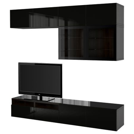 Шкаф для ТВ, комбинированный, стекляные дверцы БЕСТО, черно-коричневый, Сельсвикен глянцевый/черный прозрачное стекло