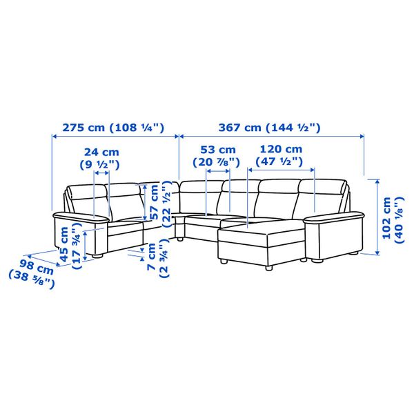 Угловой 6-местный диван, с козеткой/Гранн/Бумстад темно-коричневый IKEA LIDHULT ЛИДГУЛЬТ 392.572.64 - схема-чертеж с размерами