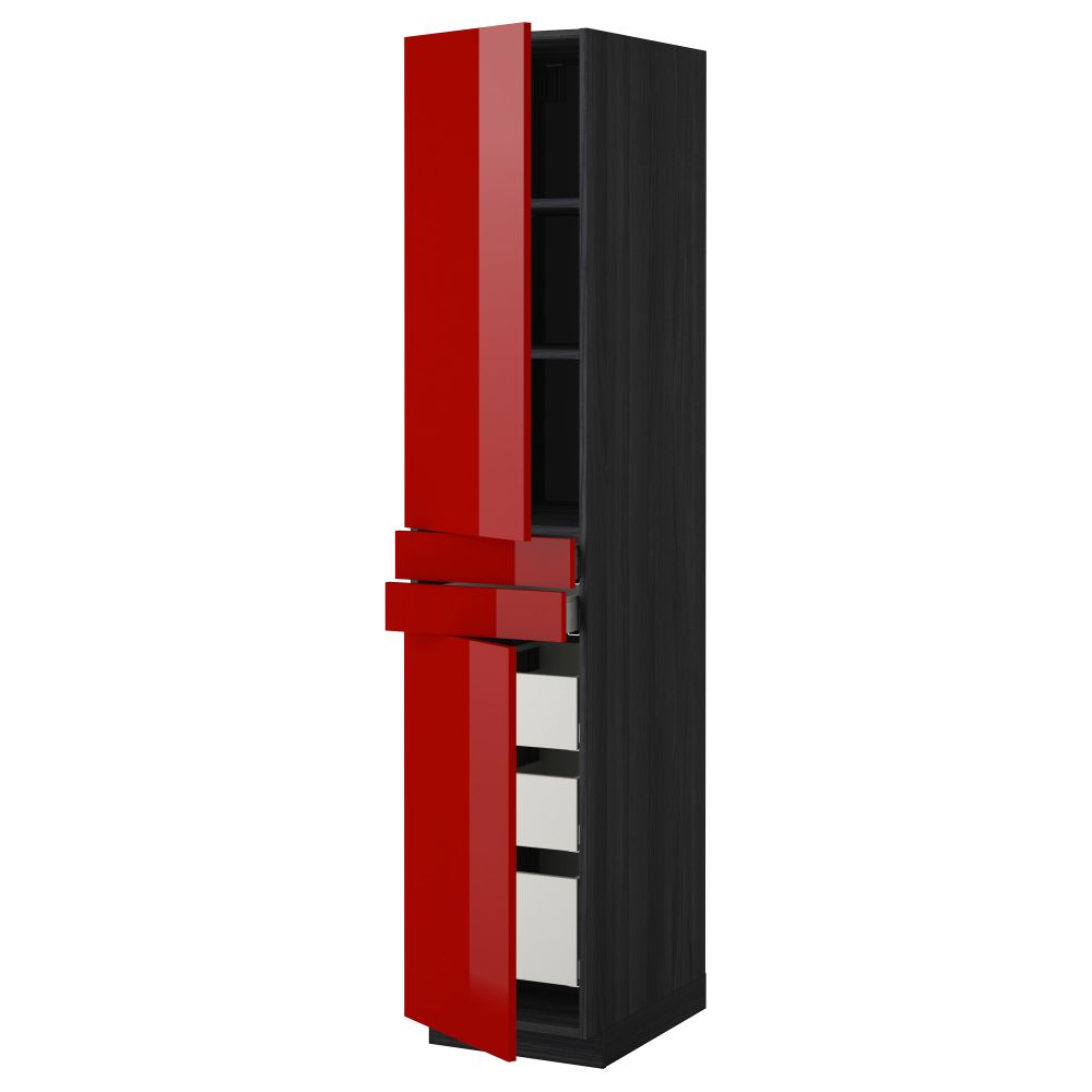 Высокий шкаф + полки, 5 ящиков, 2 дверцы, 2 фронтальных МЕТОД / МАКСИМЕРА, черный, Рингульт красный - схема-чертеж с размерами