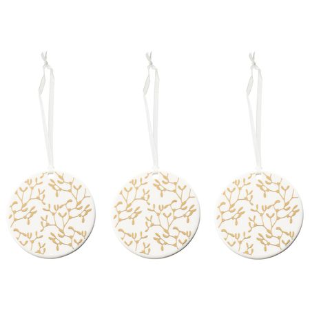 Украшение подвесное, белый/орнамент «омела» золотой 7 см IKEA VINTER 2021 ВИНТЕР 2021 804.986.56