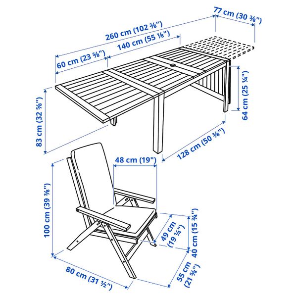 Стол + 4 кресла, для/сада, коричневая морилка/ФРЁСЁН/ДУВХОЛЬМЕН бежевый IKEA ÄPPLARÖ ЭПЛАРО 292.687.05 - схема-чертеж с размерами