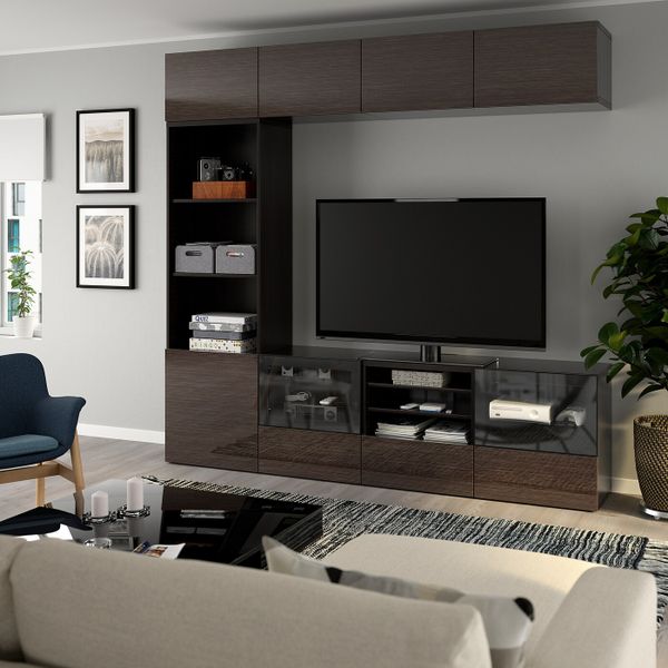 Шкаф для ТВ, комбинированный, стекляные дверцы, черно-коричневый/Сельсвикен глянцевый, коричневый прозрачное стекло 240x40x230 - фото 2