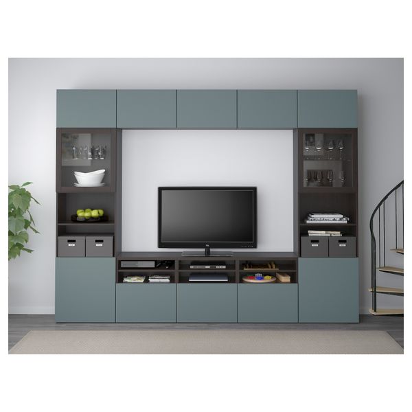 Шкаф для ТВ, комбинированный, стекляные дверцы БЕСТО, черно-коричневый, Вальвикен серо-бирюзовый, прозрачное стекло (300x40x230 - схема-чертеж с размерами