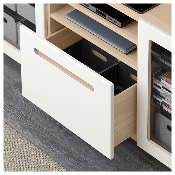 Тумба для ТВ с ящиками БЕСТО, под беленый дуб, Марвикен белый прозрачное стекло (180x40x74 см) - фото 3