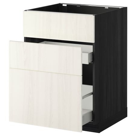 Напольный шкаф под мойку + 3 фронтальных панели, 2 ящика МЕТОД / МАКСИМЕРА, черный, Росдаль белый