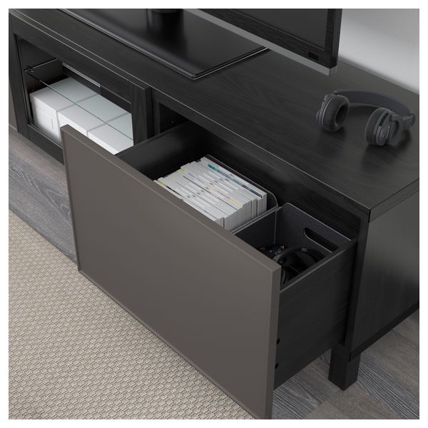 Тумба под ТВ с ящиками и дверцей БЕСТО, черно-коричневый Грундсвикен, темно-серый прозрачное стекло (180x40x48 см) - фото 4