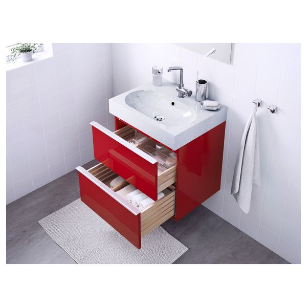 Шкаф для раковины с 2 ящиками ГОДМОРГОН / БРОВИКЕН, глянцевый красный, светло-серый (60x49x68 см) - фото 4