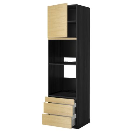 Высокий шкаф для духовки комбинированный, духовка + дверца, 3 ящика МЕТОД / ФОРВАРА, черный, Тингсрид береза
