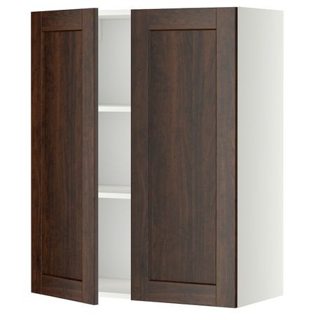 Навесной шкаф с полками/2дверцы, белый/Эдсерум коричневый 80x100 см IKEA METOD МЕТОД 092.268.39