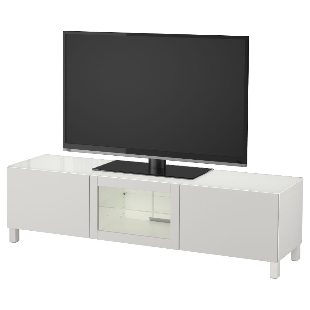 Тумба под ТВ, с дверцами БЕСТО, белый Синдвик, Лаппвикен светло-серый прозрачное стекло - фото 1