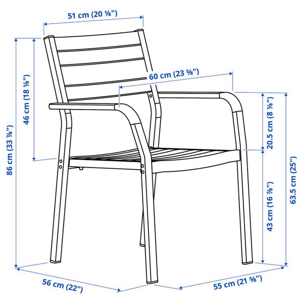 Садовое кресло, светло-серый, темно-серый IKEA SJÄLLAND ШЭЛЛАНД 004.053.45 - схема-чертеж с размерами