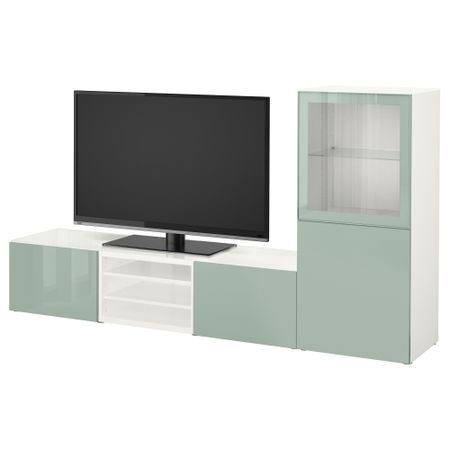 Шкаф для ТВ, комбинированный, стекляные дверцы БЕСТО, белый Сельсвикен, глянцевый/серо-зеленый светлый прозрачное стекло