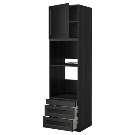 Высокий шкаф для духовки комбинированный, духовка + дверца, 3 ящика МЕТОД / МАКСИМЕРА, черный, Лаксарби черно-коричневый