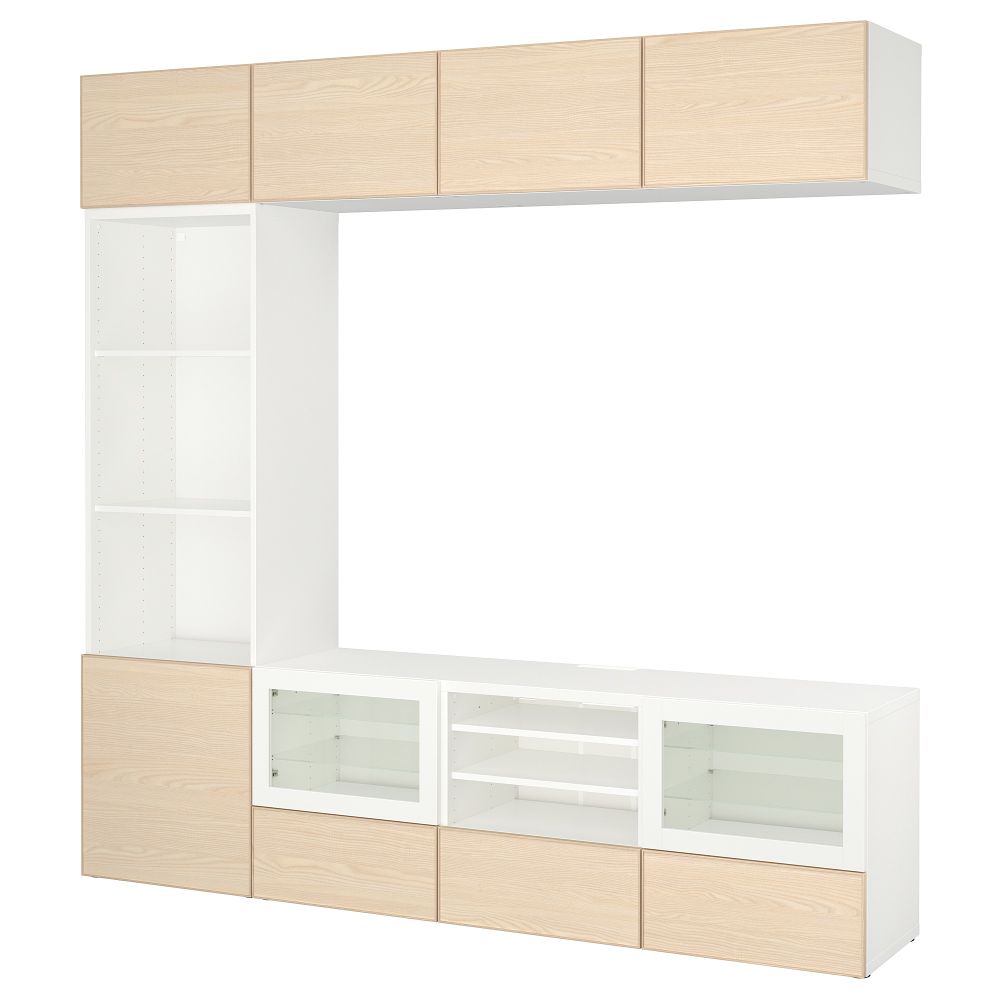 Шкаф для ТВ, комбинированный, стекляные дверцы БЕСТО, белый Инвикен, ясеневый шпон прозрачное стекло (240x40x230 см) - фото 1