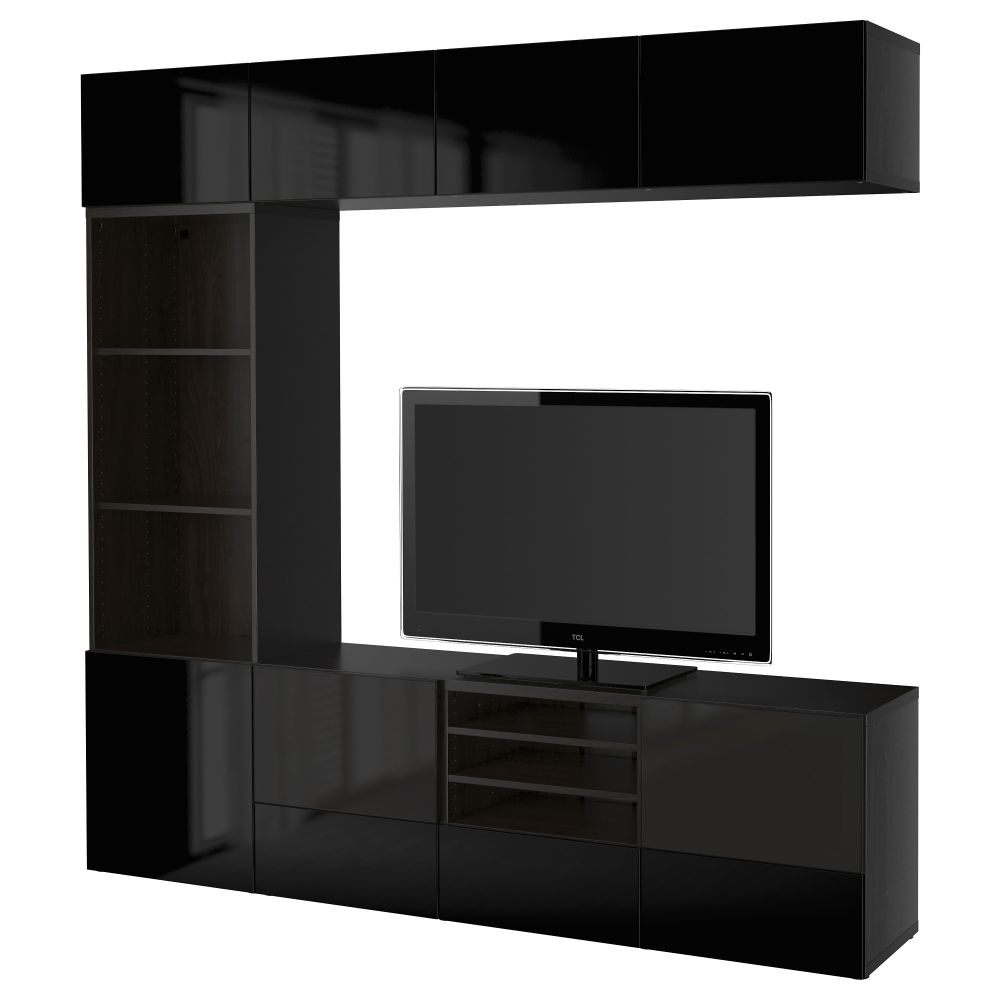 Шкаф для ТВ, комбинированный, стекляные дверцы БЕСТО, черно-коричневый, Сельсвикен глянцевый/черный дымчатое стекло (240x40x230 - фото 1