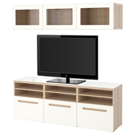 Шкаф для ТВ, комбинированный, стекляные дверцы БЕСТО, под беленый дуб, Марвикен белый прозрачное стекло (180x40x192 см)