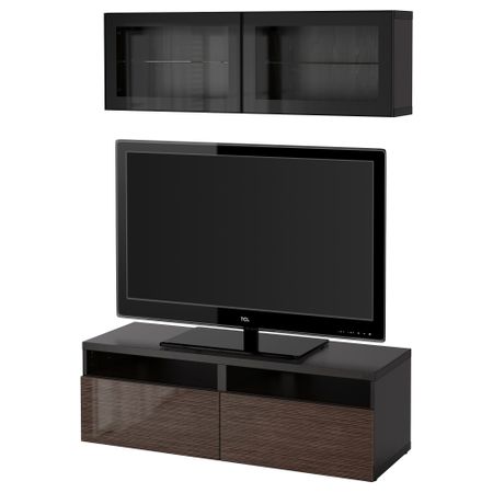 Шкаф для ТВ, комбинированный, стекляные дверцы БЕСТО, черно-коричневый, Сельсвикен глянцевый/коричневый прозрач стекло
