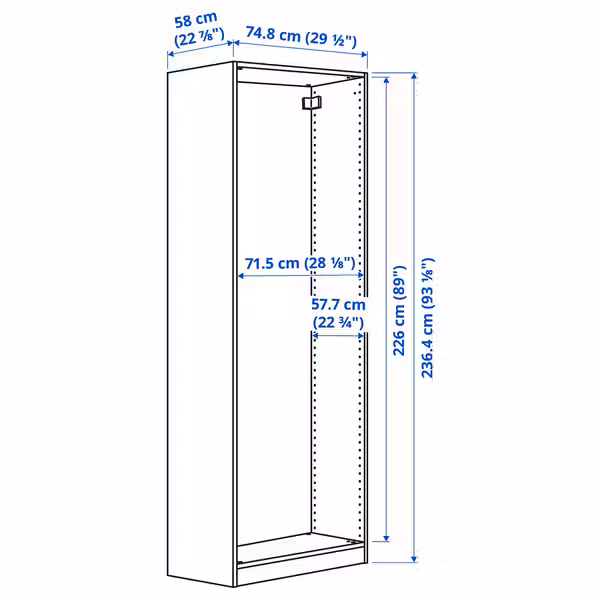 PAX Каркас гардероба - под беленый дуб 75x58x236 см - схема-чертеж с размерами