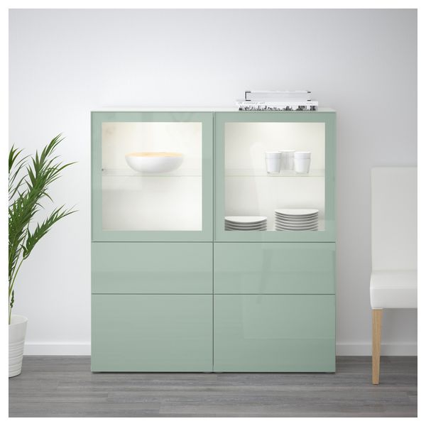 Комбинация для хранения со стеклянными дверцами БЕСТО, белый Сельсвикен, глянцевый/серо-зеленый светлый прозрачное стекло - фото 2