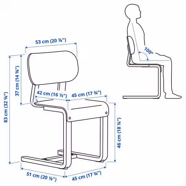 LYCKAN ЛЮККАН Стул - желтый/березовый шпон - схема-чертеж с размерами