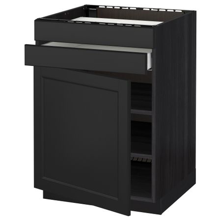 Напольный шкаф для варочной панели, доводчик, 2 фасада, 1 ящик МЕТОД / МАКСИМЕРА, черный, Лаксарби черно-коричневый (60x60 см)