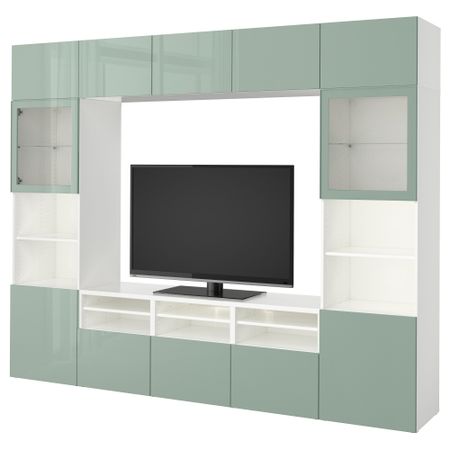 Шкаф для ТВ, комбинированный, стекляные дверцы БЕСТО, белый Сельсвикен, глянцевый/серо-зеленый светлый прозрачное стекло